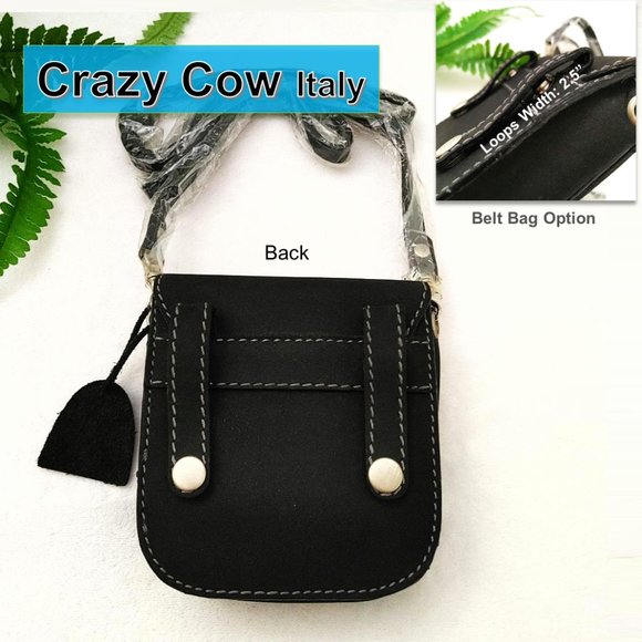 CRAZY COW Italy Unisex Black Genuine Leather Matte Crossbody Purse Belt Bag Flap - Picture 2 of 9